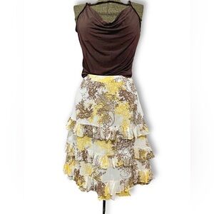 Banana Republic Silk Floral Ruffle Skirt Yellow Gold Tiered Fairy Romantic Sz 6